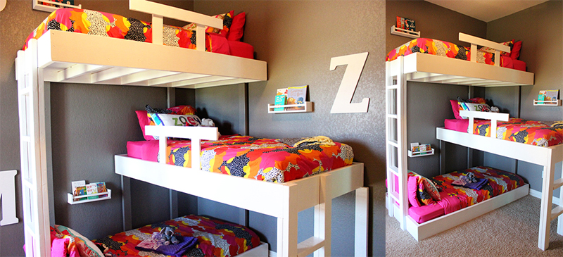 triple bunk beds with stairs and storage